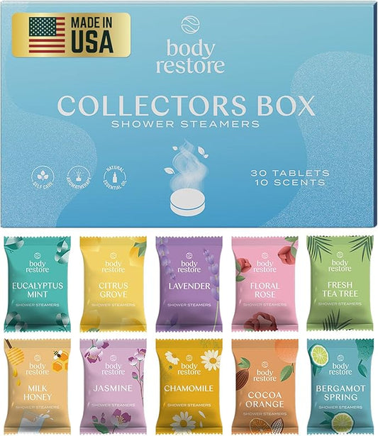 Body Restore Shower Steamers Aromatherapy 30 Pack - Boo Basket Stuffers for Women, Christmas Stocking Stuffers, Birthday Gifts, White Elephant, Relaxation, Self Care - Collector's Box