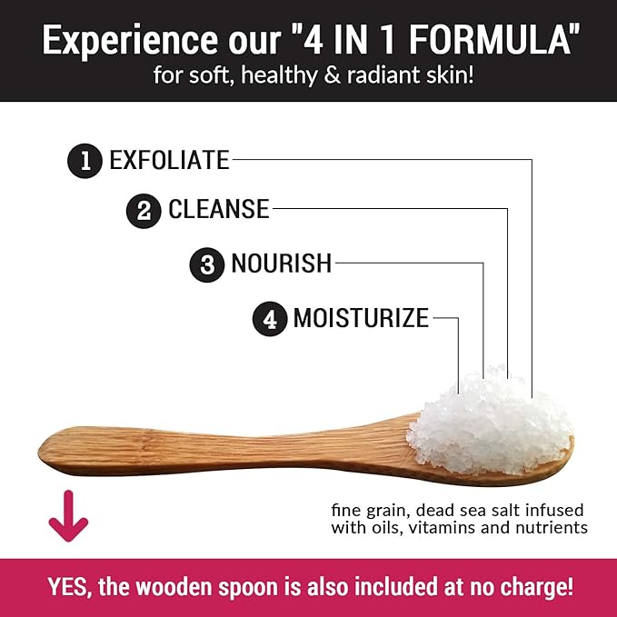 pureSCRUBS Premium Rose Body Scrub Set - Large 16oz Dead Sea Salt Body Scrub With Infused Essential Oils & Nutrients, Includes Wooden Spoon, Loofah & Oatmeal Exfoliating Bar Soap