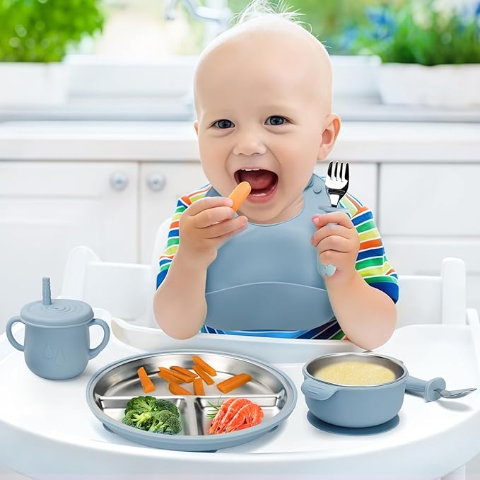 Stainless Steel Kids Plates and Bowls Set with Suction, Divided Baby Plate and Toddler Bowl with Removable Silicone Suction,Stainless Steel Weaning Bundle, Silicone Baby Feeding Set (Blue)