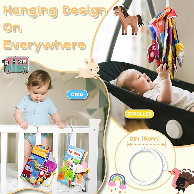 Soft Book Toys for Babies 0-18 Months, 2PCS Crinkle Cloth Books – Farm Transportation Themes, Tails Sensory Book with Rings for Hang, Montessori Early Learning Infant Toy for 0-6-12-18 Month