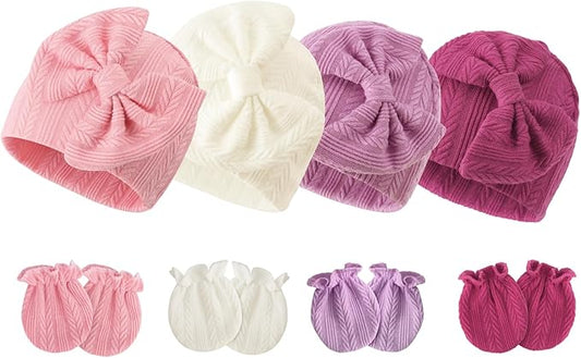 Newborn Baby Hats and Mittens Set Infant Bow Beanie Cap Toddler Gloves Newborn Hospital Hats for Baby Boy Girl 0-6 Months