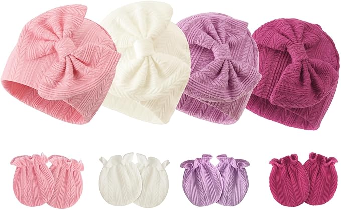 BQUBO Newborn Baby Hats Mittens Set Hospital Hat Beanie Infant Bow Hats Baby Gloves No Scratch Mittens for 0-6 Months