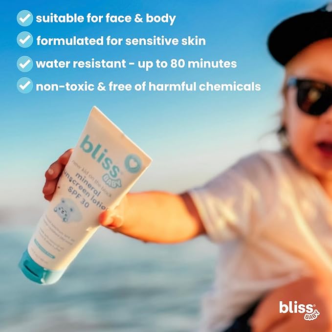 Bliss Baby Sunscreen, Premium SPF 30 Sunscreen Mineral Lotion, Natural Zinc Oxide, Hypoallergenic, Non-toxic, Water-Resistant, Vegan, Sensitive Skin - For Babies, Toddlers, Kids & Whole Family