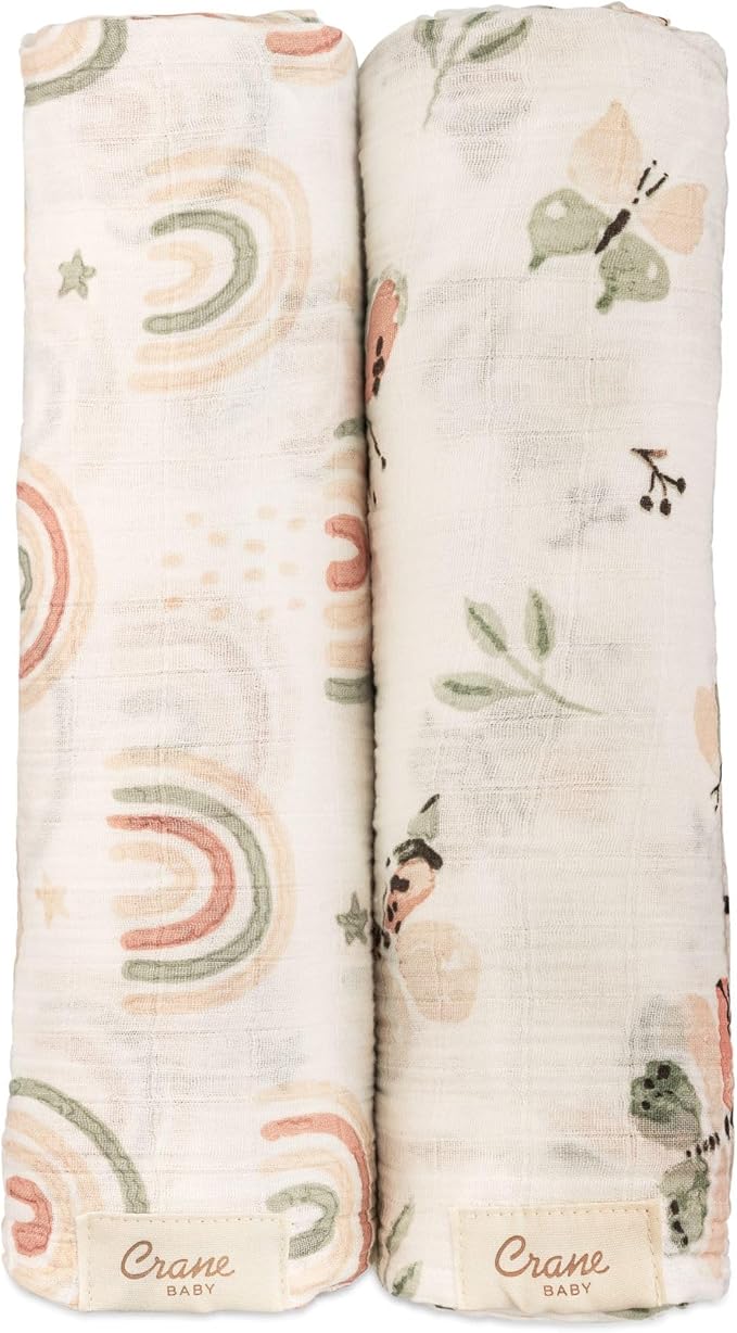 Crane Baby 100% Cotton Muslin Swaddle Blankets, Butterfly/Rainbow, Baby Swaddle Blanket, Set of 2, 47" x 47", Swaddles for Newborns, Baby Muslin Swaddle Blanket, Swaddle Blankets for Boys & Girls