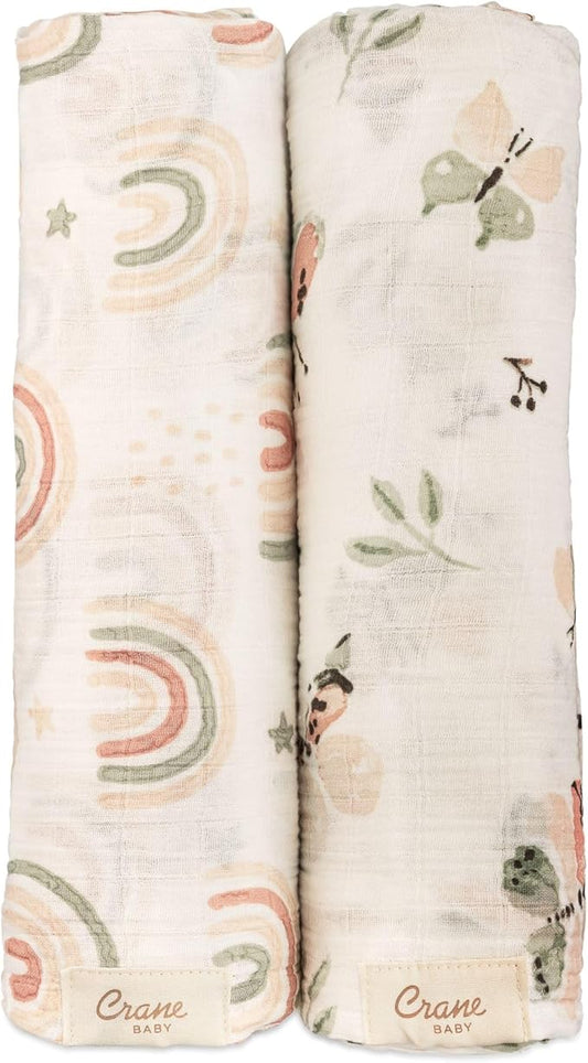 Crane Baby 100% Cotton Muslin Swaddle Blankets, Butterfly/Rainbow, Baby Swaddle Blanket, Set of 2, 47" x 47", Swaddles for Newborns, Baby Muslin Swaddle Blanket, Swaddle Blankets for Boys & Girls