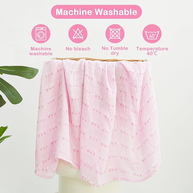 Viviland Muslin Swaddle Blankets, Swaddle Wrap for Boys and Girls, Breathable and Skin-Friendly Baby Receiving Blankets, Baby Essentials, 4-Pack Flowers & Heart, 47 x 47 inches