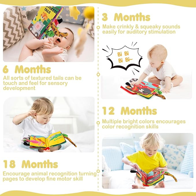 beiens Soft Toys Baby Cloth Books, Touch and Feel Crinkle Books for Babies, Infants & Toddler, Early Development Interactive Car Toys & Stroller Toys for Boys & Girls (Rainforest Tails-1 Book)