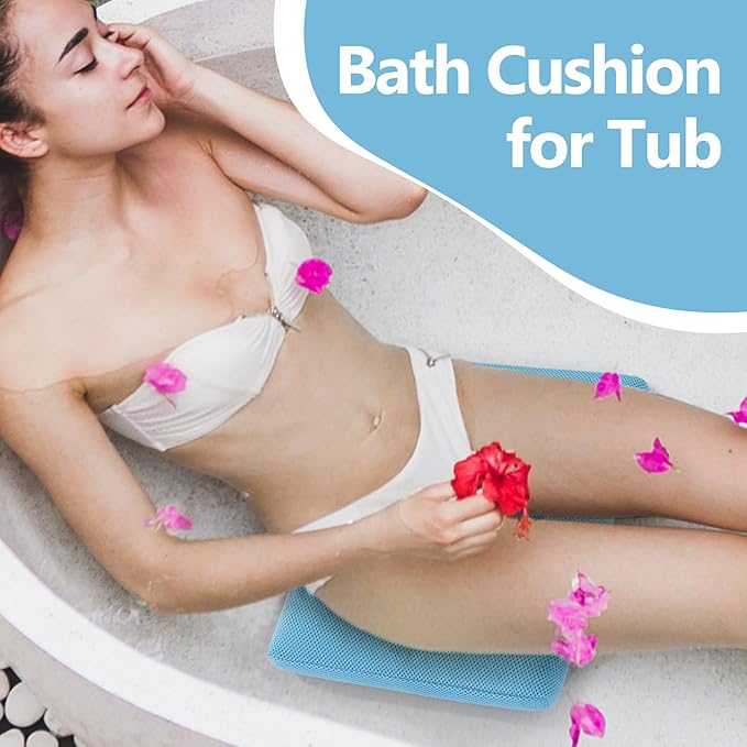 MABOZOO Bath Cushion for Tub with Powerful 4 Non-Slip Suction Cups,Quick Dry Mesh Bathtub Mat,Spa Pillow Bath Accessories for Adults Indoor Outdoor (Blue)