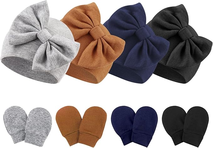 Newborn Baby Hats and Mittens Set Infant Bow Beanie Cap Toddler Gloves Newborn Hospital Hats for Baby Boy Girl 0-6 Months