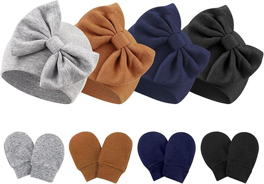Newborn Baby Hats and Mittens Set Infant Bow Beanie Cap Toddler Gloves Newborn Hospital Hats for Baby Boy Girl 0-6 Months
