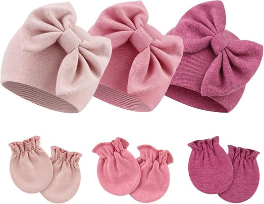 BQUBO Newborn Girls Hats Baby Hat and Mittens Set Infant Caps Bow Hospital Beanie with No Scratch Mittens for Baby Boys Girls