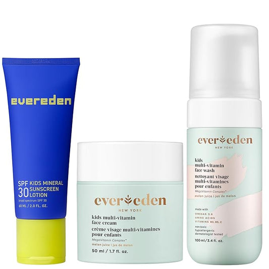 Evereden Kids Daily 1-2-3 Routine Bundle: Clean & Vegan Skin Care Set - Hydrating & Nourishing Tween Skincare Set with Multi-Vitamin Face Wash, Face Cream, Lotion, & SPF 30 Mineral Sunscreen (Melon)