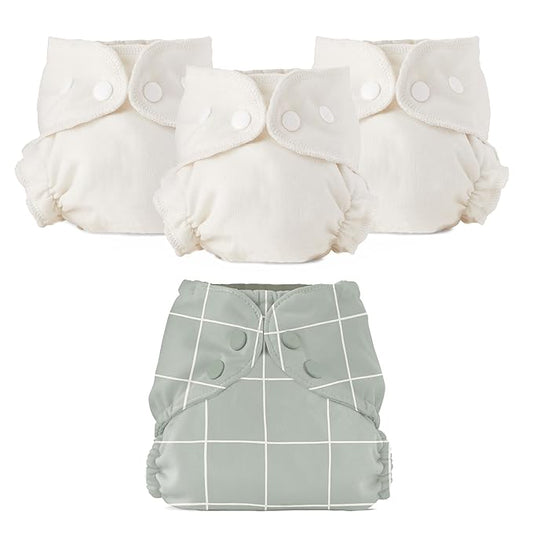 Esembly Cloth Diaper Bundle Set - 3 Organic Cotton Absorbent Inners and 1 Waterproof Outer Diaper Cover - Reusable, Washable, Snap Closure Cloth Diapers - Size 2 (18-35lbs), Lattice
