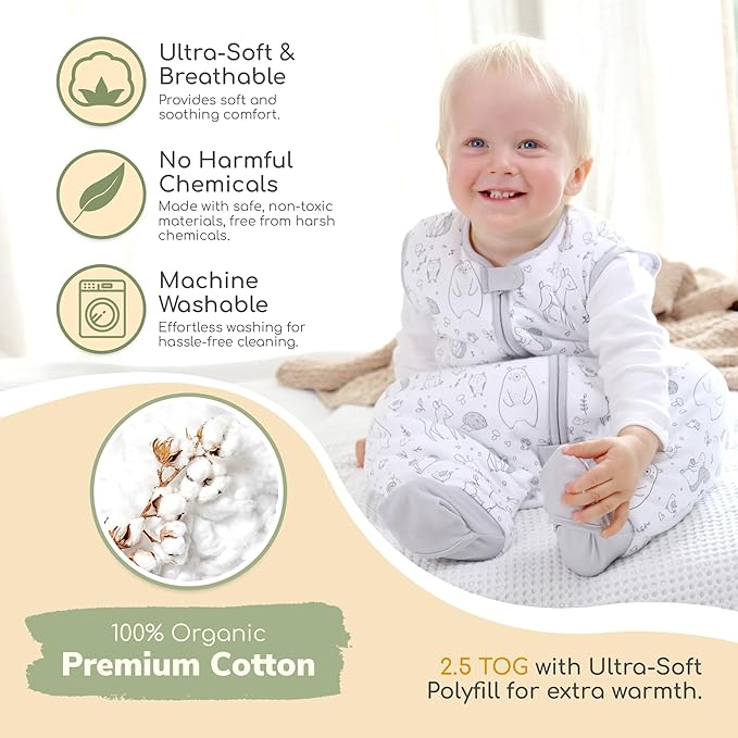 Mama Cheetah Toddler Sleep Sack with Feet 3T - 4T, 2.5 TOG Organic Cotton Baby Sleeping Bag with Legs, Baby Wearable Blankets for Walkers w/ 2-Way Zipper, Baby Sleep Sack for Girls & Boys, Large