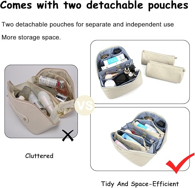 BOYATU Travel Makeup Bag Organizer Cosmetic Bag: 3 Pcs Set Make up Bags for Women with Handle - Waterproof Vegan Leather Toiletry Bags Travel Essentials Pouch with Compartments (G-16-Beige)