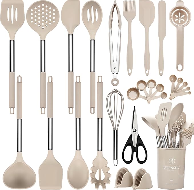Kitchen Utensils Set, NCUE 28 Pcs Silicone Cooking Utensils Set with Holder, Spatula Set, Silicone Whisk, Scissors, Measuring Cups and Spoons Set with Stainless Steel Handle Kitchen Gadgets (Khaki)