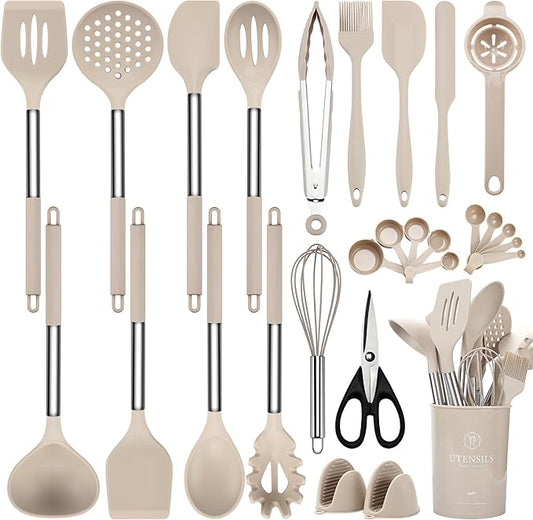 Kitchen Utensils Set, NCUE 28 Pcs Silicone Cooking Utensils Set with Holder, Spatula Set, Silicone Whisk, Scissors, Measuring Cups and Spoons Set with Stainless Steel Handle Kitchen Gadgets (Khaki)