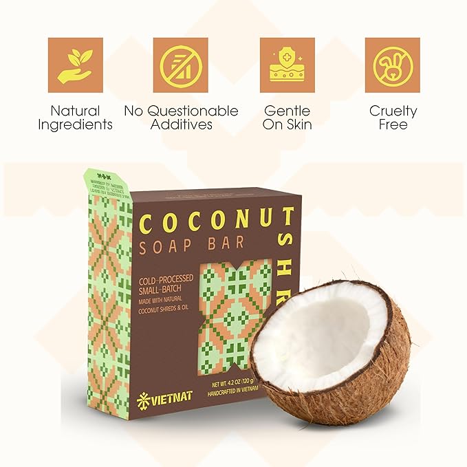 Coconut Shreds Soap Bar (Pack of 5) – Exfoliating & Moisturizing 2-in-1 Body Soap, Cold Process Handmade Bar with Coconut Milk & Oil, Gentle Daily Cleanser