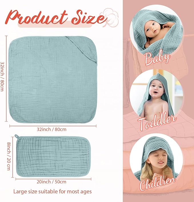 VitalCozy 8 Pcs Baby Muslin Hooded Bath Towels and Washcloths Muslin Cotton Hooded Baby Towels Absorbent Blankets for Gift Newborn Infant Shower (32 x 32 Inch,Classical Color)