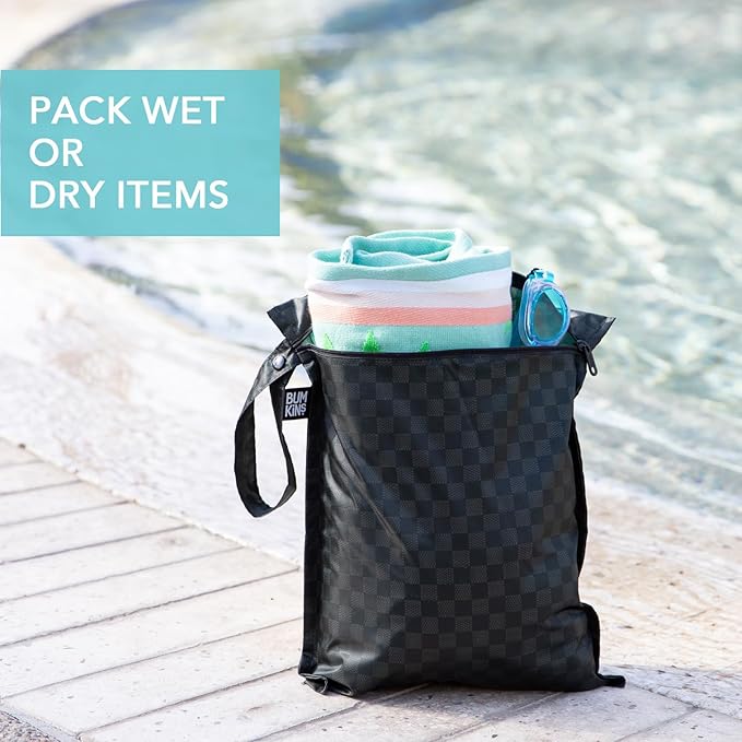 Bumkins - Waterproof Wet Bag, Wet/Dry Clutch & Clear Travel Bags - For Beach, Baby, Travel, Cloth Diapers, Pump Parts, Pool, Gym, Toiletries - Reusable & Easy to Clean - Black Check - 5 Pack