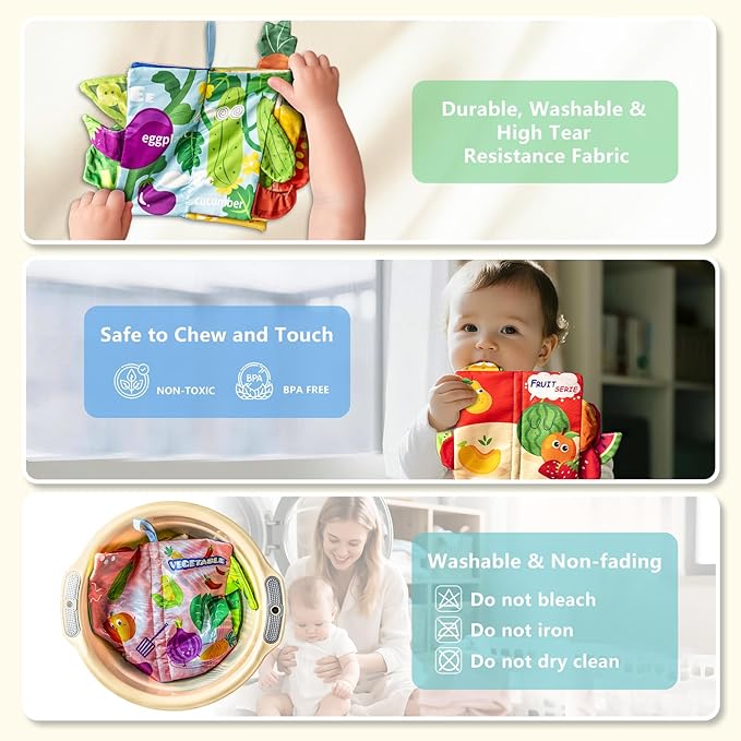 Soft Book Toys for Babies 0-18 Months, 2PCS Crinkle Cloth Books – Fruit and Vegetable Themes, Tails Sensory Book with Rings for Hang, Montessori Early Learning Infant Toy for 0-6-12-18 Month