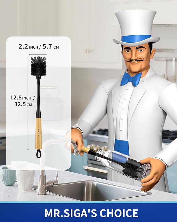 MR.SIGA Water Bottle Brush, Long Handle Bottle Brush for Water Glasses, Baby Bottles, Sports Bottles Cleaning, Black, 2 Pack