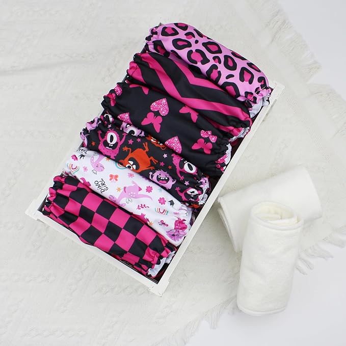 Mama Koala 3.0 Cloth Diapers for Babies with AWJ Lining, 6 Pack with 6 Natural Cloth Diaper Inserts - Reusable and Washable Pocket Diapers (Pink Love)