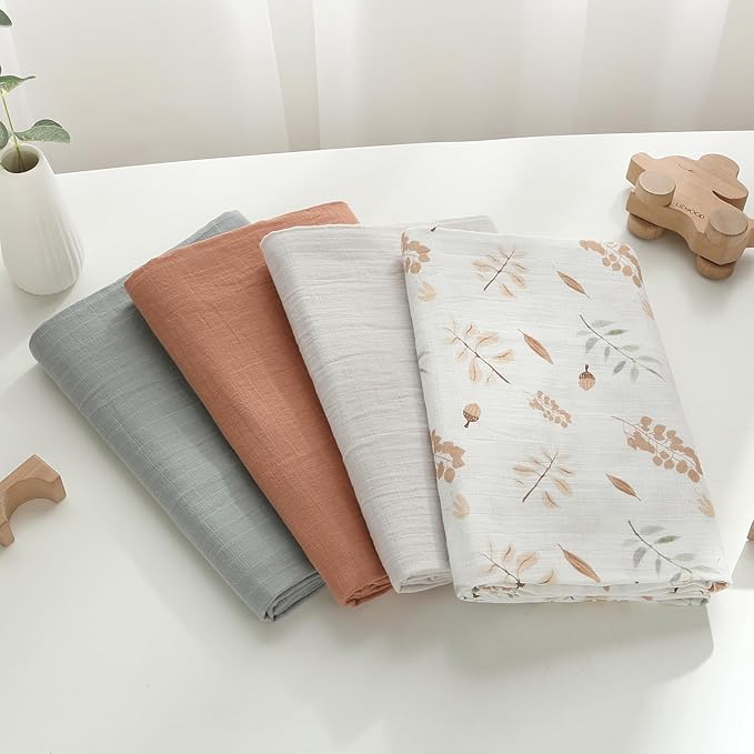 Muslin Swaddle Blankets for Boys & Girls, 4 Pack Receiving Baby Blanket for Newborns, Large 47 x 47 Inches, Soft Breathable Baby Swaddles, Acorn & Earthy Colors