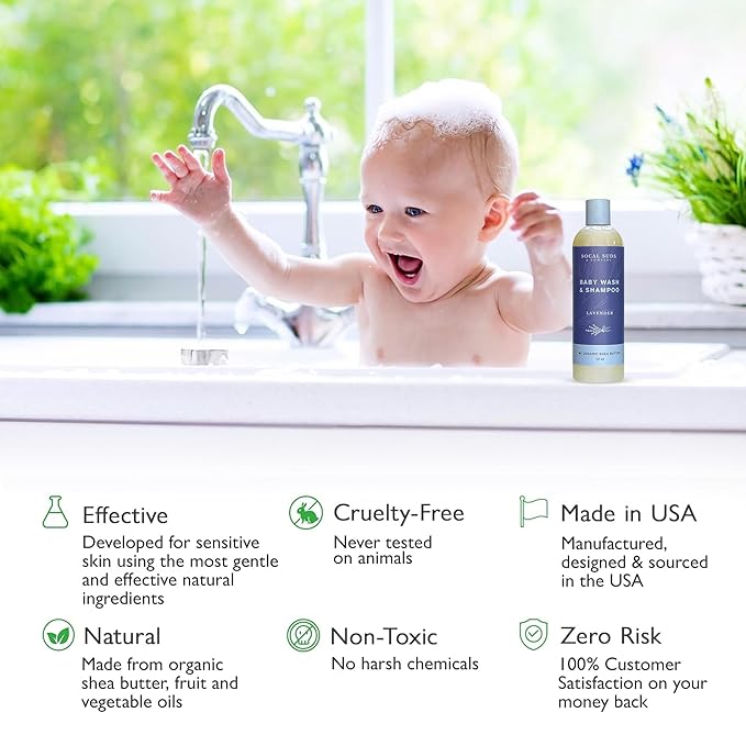 SoCal Suds & Company Baby Body Wash & Shampoo with Shea Moisture for Sensitive Skin, Bath & Hair Products for Toddlers & Babies, Natural Soap - 2 Pack Lavender 12oz Bottles