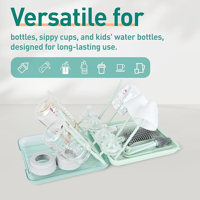 Baby Bottle Brush Set, 6-in-1 Travel Bottle Cleaning Kit with Silicone Bottle Brush, Nipple & Straw Brush, Soap Dispenser, Drying Rack, Storage Box – Compact Travel Baby Essential for Home & On-The-Go