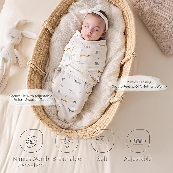 insular Baby Swaddle Wrap, Swaddle Blanket for Newborn and Infant, Adjustable Velcro Swaddling Set for Boy and Girl, Soft Cotton Baby Sleep Sack 3 Pack, Dachshund, Medium(3-6 Month)