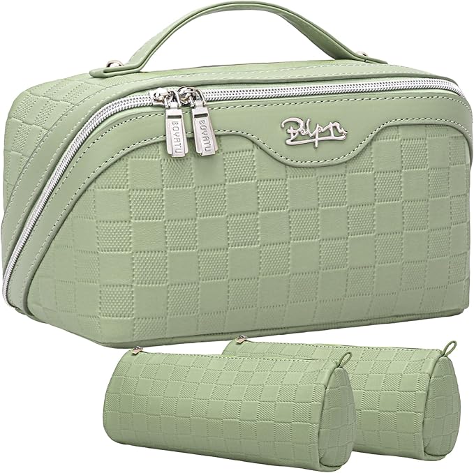 BOYATU Travel Makeup Bag Organizer Cosmetic Bag: 3 Pcs Set Make up Bags for Women with Handle - Waterproof Vegan Leather Toiletry Bags Travel Essentials Pouch with Compartments (G-12-Green)