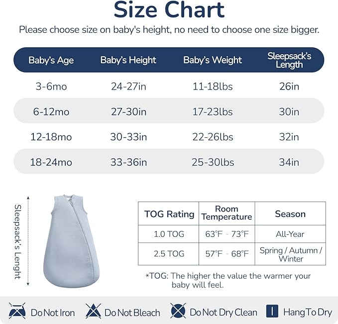 1.0 Tog 2.5 Tog Baby Sleep Sack, 100% Cotton Baby Sleeping Bag 3-24M, 2-Way Zipper Baby Wearable Blanket