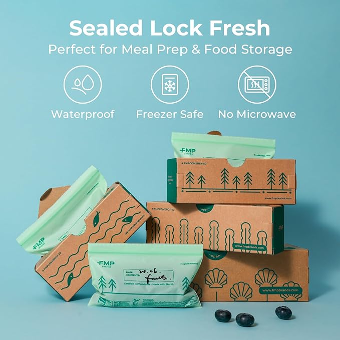 Fit Meal Prep 50 Pack 100% Compostable Food Storage Bags, 1 Gallon Freezer Bags, 10.6 x 11.5" Resealable Bag for Vegetables, Meat, Fruits, ASTM D6400, US BPI & EU OK Compost Certified