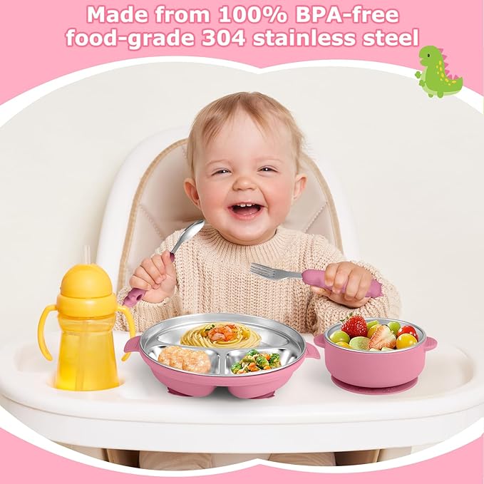 Stainless Steel Baby Plate and Bowl with Suction, Baby Bowl and Divided Kids Toddler Plate with Removable Silicone Shell, Non-Slip Toddler Baby Feeding Set, Forks + Spoons Included-Rose red
