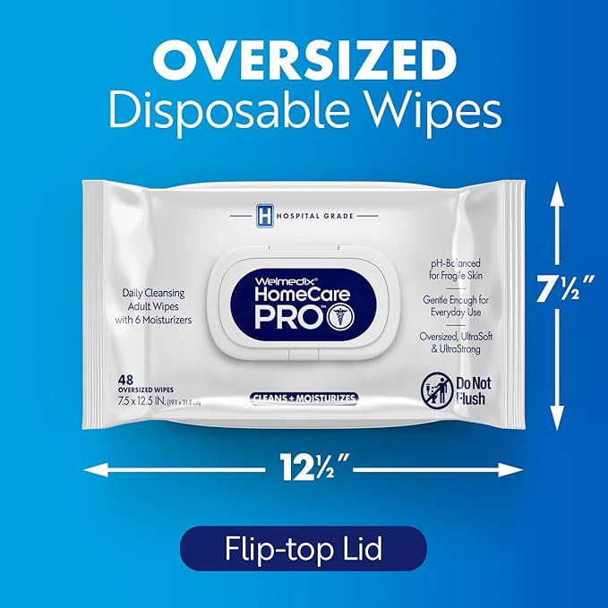 Homecare Pro Oversized Daily Cleansing Adult Wipes With 6 Moisturizers Wet Cleansing, Rinse Free, Bathing Wipes, Hospital Grade pH Balanced for Fragile Skin - | 48 Count XL |- 1 Pack