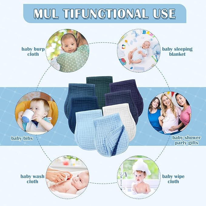 Frienda 8 Pieces Muslin Burp Cloths for Baby Cotton Burp Cloth 10 x 20 Inches Multi Colors Muslin Washcloths Diapers 4 Absorbent Layers Newborn Face Towels for Baby Boy Girl Unisex (Blue Series)