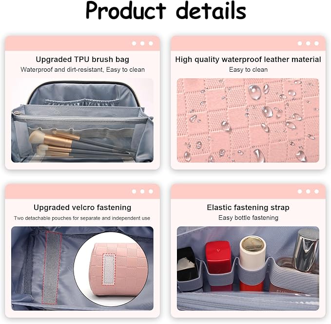BOYATU Travel Makeup Bag Organizer Cosmetic Bag: 3 Pcs Set Make up Bags for Women with Handle - Waterproof Vegan Leather Toiletry Bags Travel Essentials Pouch with Compartments (G-13-Pink)