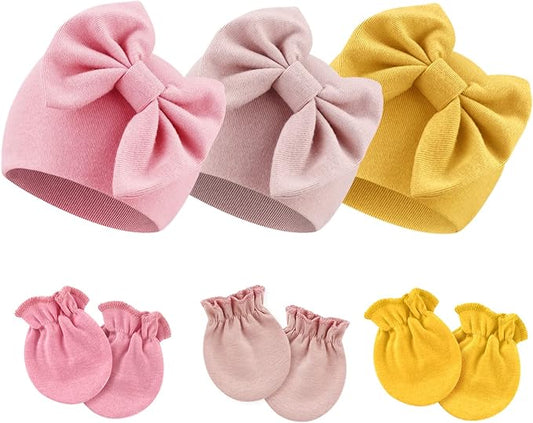 BQUBO Newborn Girls Hats Baby Hat and Mittens Set Infant Caps Bow Hospital Beanie with No Scratch Mittens for Baby Boys Girls