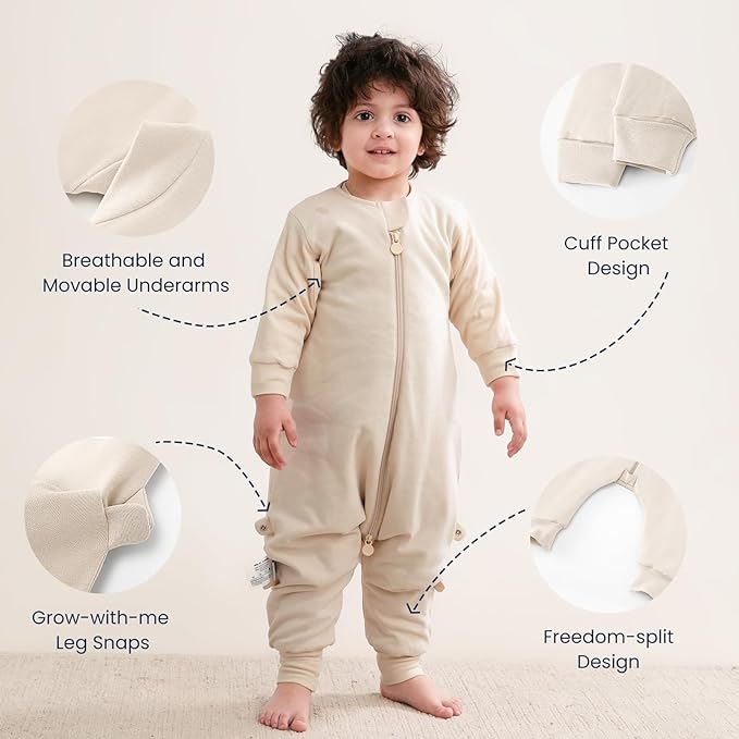 kaiya baby Unisex Toddler Sleep Sack with Feet 1.0 Tog Split Legs Sleep Sack 18-36 Months, Sleep Bag Walker, Gifts for Boys & Girls, Cream
