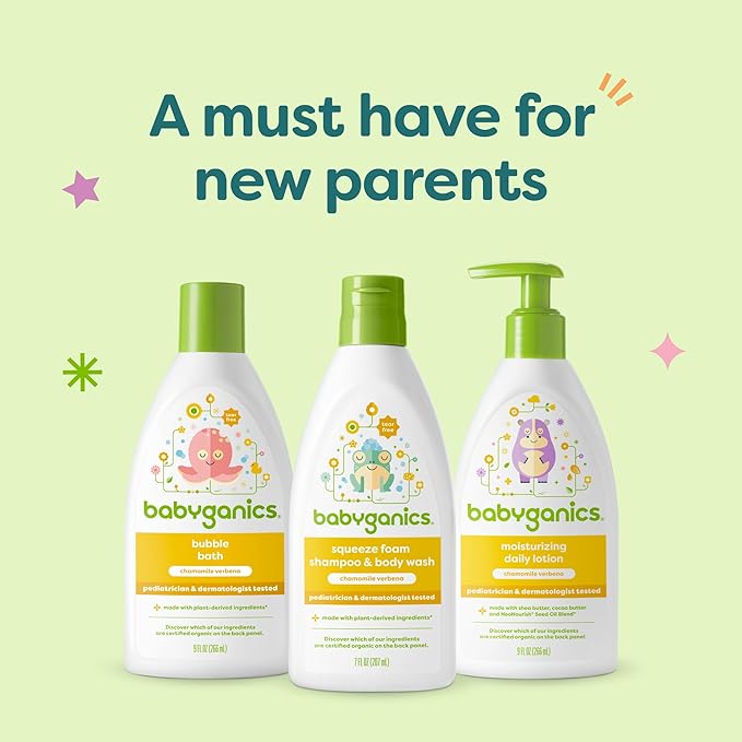 Babyganics Bath Time Giftset, Bubble Bath, Squeeze Foam Shampoo + Body Wash, Moisturizing Daily Lotion in Chamomile Verbena