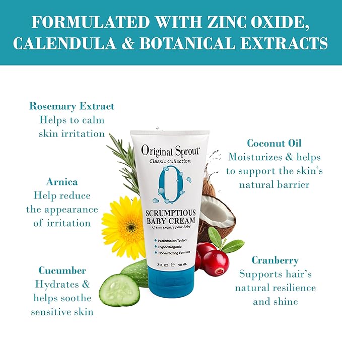 Original Sprout Scrumptious Baby Cream, Gentle Moisturizing Cream for Dry, Sensitive Skin & Diaper Rash, Non-Greasy Baby Lotion with Zinc Oxide & Calendula for Face & Body, 3 fl oz, Travel Size