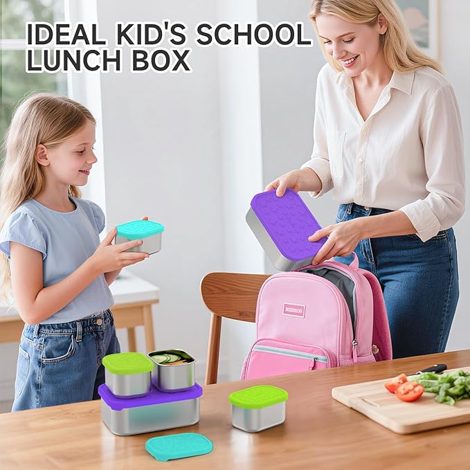 SOPHICO Stainless Steel 24 OZ Snack Containers for Kids，Food Storage Container with Silicone Lid - Perfect 304 Metal Toddler Lunch Box for Daycare and School, Leak Proof （Purple）