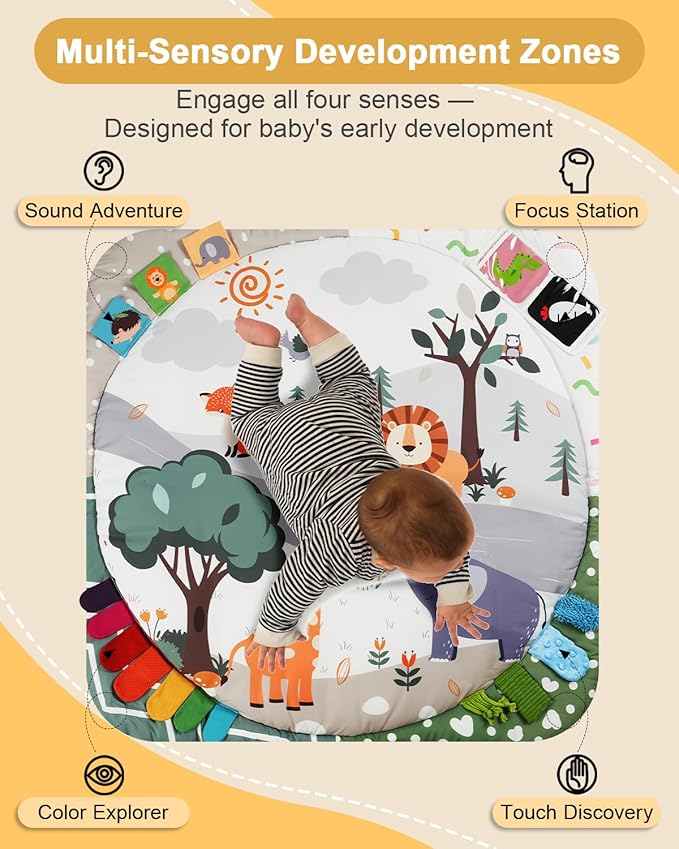 Baby Play Gym with 4 Developmental Zones – Tummy Time Mat & Activity Mat with 6 Sensory Toys, Visual Cards & Pillow – Baby Essentials & Ideal Gift for Newborns