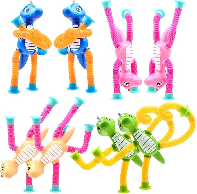 8Pcs Telescopic Suction Cup Dinosaur Toys,Sensory Toys for Kids 3-5 5-7,Toddler Toy,Fidget Toy,Toddler Travel Essential for Airplane,Pop Tubes, Christmas Stocking for Kids Boys Girls B