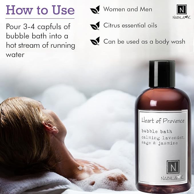 Heart of Provence Bubble Bath with Lavender, Sage & Jasmine Scent by Nabila K - Essential Oils, Natural Ingredients for Sensitive Skin, Gentle, Moisturizing - Luxury for Women & Men, 8 oz