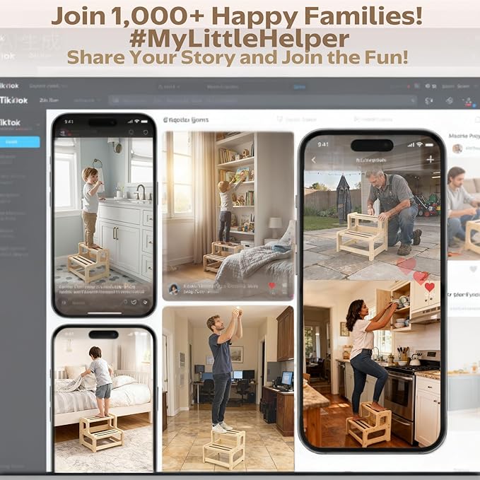 Toddler Step Stool, 2-Step Wooden Stool for Kids with Handles, Non-Slip Potty Training Seat for Bathroom Sink, Kitchen & Bedroom, Adjustable Height Child Step Stool for Ages 2+ (Natural Wood)