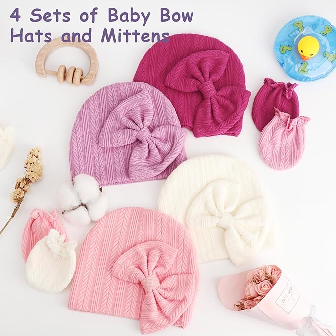Newborn Baby Hats and Mittens Set Infant Bow Beanie Cap Toddler Gloves Newborn Hospital Hats for Baby Boy Girl 0-6 Months