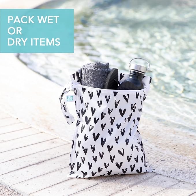 Bumkins - Waterproof Wet Bag & Clear Travel Bags - For Beach, Baby, Travel, Swim Suit, Cloth Diapers, Pump Parts, Pool, Gym, Toiletries - Reusable & Easy to Clean - Black Hearts - 4 Pack