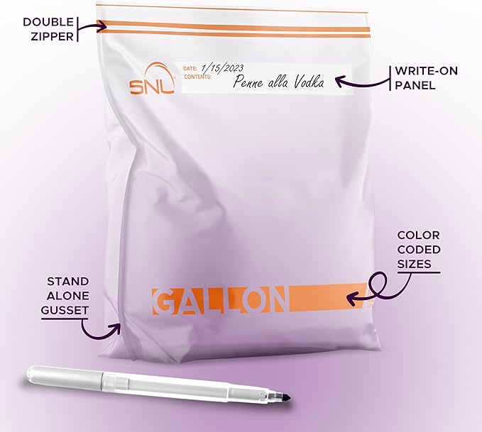 Gallon Food Bags by SNL -200 Bags- Leak-Proof, Clear, Write-On Block, Reclosable, Disposable Storage Bags, Double Seal Zippers with Clicking Noise Zip Confirmation, Stand-Alone Gusset, Easy Dispensing